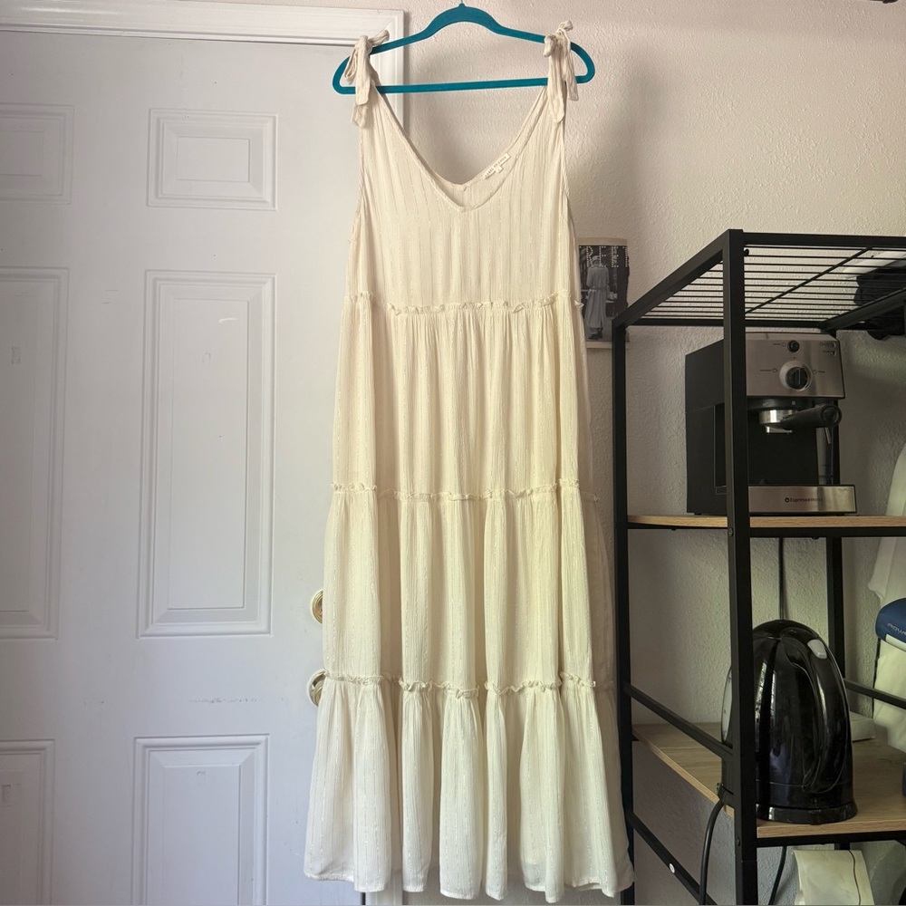LABEL‎ OF LOVE cream gold lurex rayon gauze tiered sleeveless midi sun dress